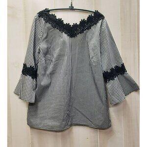 Chicos Gingham Blouse, V-Neck Lace Trim Bell Sleeve Sz 1 Medium, Cottage Country